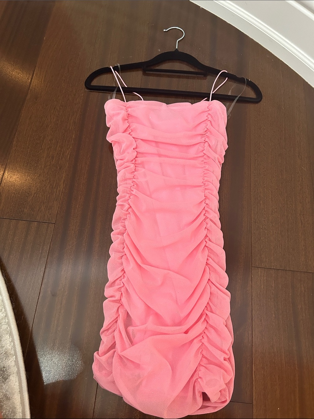 Ruched Pink Mini Dress with Spaghetti Straps